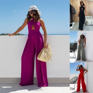 Women Halter Neck Jumpsuit Sleeveless Hollow Out Wide Leg Pants Polyester Elegant Summer Vacation Solid Color