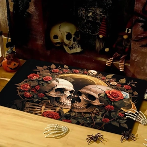 Detail of gothic Halloween mat showing exquisite skull and red rose prints with anti-slip texture