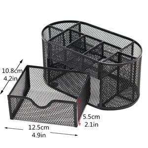 Detailed dimensions of black mesh desk organizer with drawer measurements in cm and inches