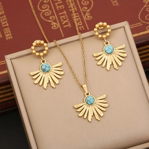 Stainless Steel Jewelry Set With Turquoise Stone Necklace And Earrings Retro Geometric Heart Shape Vintage Style Women