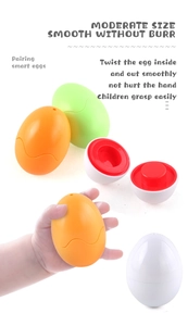 Close-up of colorful plastic Easter egg toys with smooth edges for toddlers to grip