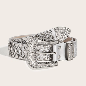 Ceinture punk en cuir argenté avec strass brillants et clous métalliques pour style hip-hop