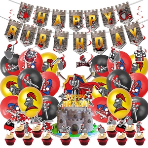 Medieval knight birthday party set with banner, balloons, and cake toppers on white background