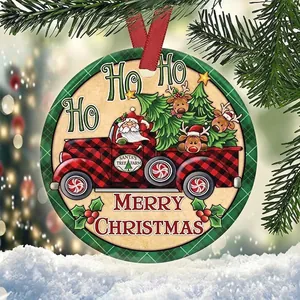 Acrylic Christmas ornament featuring Santa in a plaid truck with Merry Christmas text