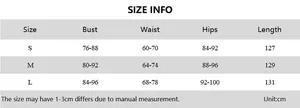 Size info chart for women's slim fit dress showing bust, waist, and length in cm