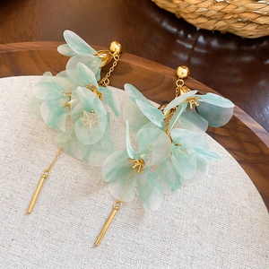 Détail de boucles d'oreilles longues à franges avec pétales verts en maille et chaînes
