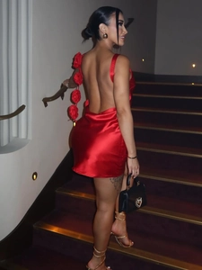 Red satin backless mini dress with 3D handmade floral strap detail for formal evening wear