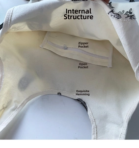 Detailed view of canvas tote interior with zipper pocket and reinforced overlock stitching