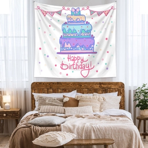 Close-up of birthday wall tapestry with colorful three-tier cake and Happy Birthday text