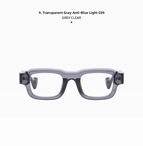 Detail of square transparent grey frames with anti-blue light lenses and C09 model mark