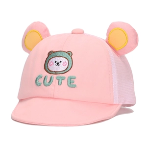 Cute pink baby baseball cap with ears and embroidery, breathable mesh sun protection hat.