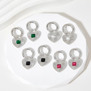 Intertwined heart hoop earrings with colorful obsidian gemstones in stainless steel