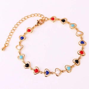 Detail of colorful enamel heart chain bracelet with lobster clasp and extension