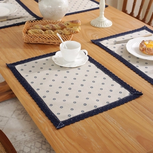 European vintage rectangular cotton linen placemat with blue floral print and lace edge