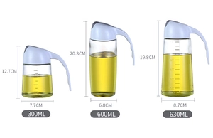 Trois bouteilles d'huile en verre 300ml 600ml et 630ml avec dimensions précises