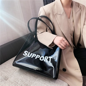 Chic black transparent PVC tote bag with Support print and slim shoulder straps