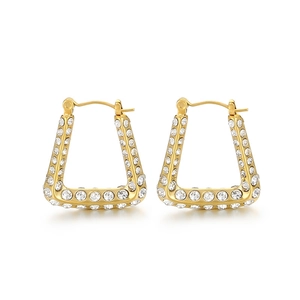 Elegant 18K gold plated U-shaped triangle hoop earrings with sparkling rhinestones set