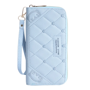 Long light blue PU leather wallet for women with heart embroidery and wrist strap