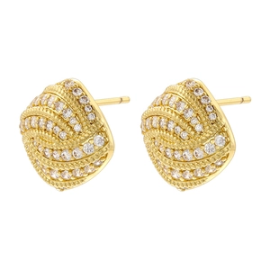 Detailed macro view of gold square twist earrings with shimmering pavé zircon stones