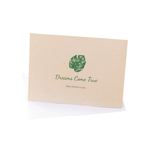 Minimalist beige greeting cards with green leaf design and white envelopes set