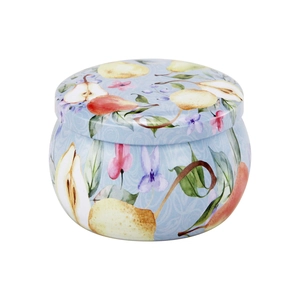 Boîte à bougies en métal décorée de poires à l'aquarelle avec couvercle assorti
