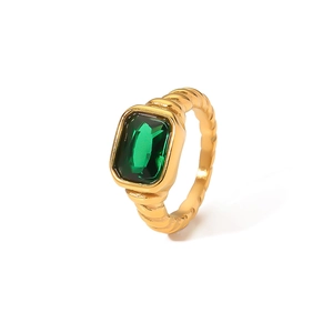 18K gold plated stainless steel ring with emerald-cut green stone and wavy texture