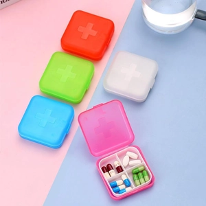 Portable 4-compartment square pill box in multiple colors with internal divider storage