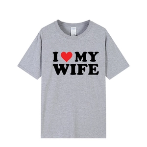 Grey crew neck t-shirt with black I Love My Wife print and red heart on white background