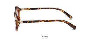 Side view of tortoise shell oval sunglasses with pink lenses and metal hinge details