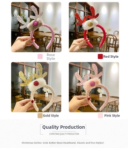 Christmas reindeer antler headbands in four colors with sequins and plush details