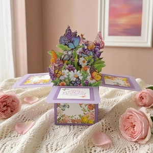 Detailed 3D pop-up birthday card featuring colorful butterflies and floral paper art