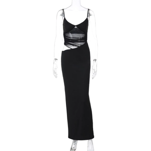 Detail of black mesh patchwork and hollow-out waist design on summer bodycon maxi dress
