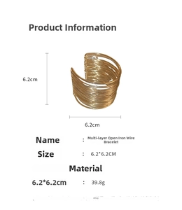 Detailed size specifications for the gold multi-layered wire hollow open arm cuff bracelet