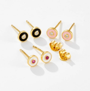 Set of three pairs of S925 silver evil eye stud earrings in black, pink and white enamel