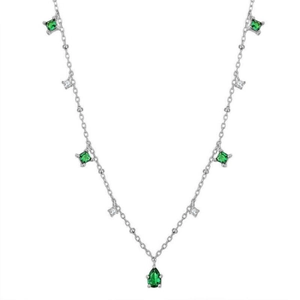 S925 silver necklace with square green zircons and a teardrop emerald-style pendant