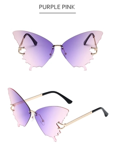 Detail view of purple pink butterfly rimless sunglasses with gold metal temples