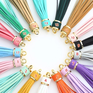 Set of 17 colorful PU leather tassel charms with gold caps for keychains and bags
