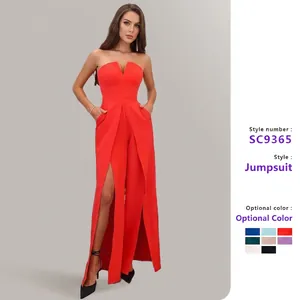 Damen Sexy Bandeau V Ausschnitt Jumpsuit Elegant Seitenschlitz Weites Bein Jumpsuit Ärmellos Slim Fit Abendmode Langer Romper