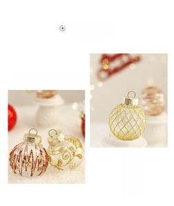 Detailed close-up of decorative Christmas balls with gold lattice and red sequin patterns