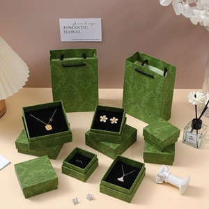 Detailed view of vintage green embossed jewelry boxes with gold necklaces and black lining