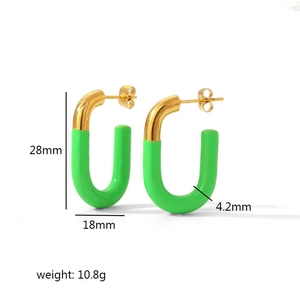 18K gold plated U-shaped hoop earrings with green enamel accent and size measurements