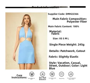 Dettaglio del tessuto dell'abito halter azzurro e guida alle taglie per minigonna in poliestere