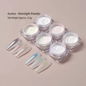 6-color set of aurora chrome nail powder with iridescent finish and metallic mirror effect