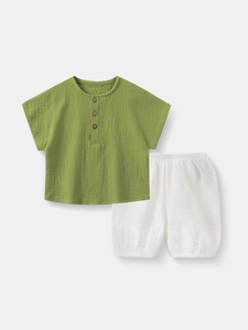 Kids cotton gauze short sleeve pajamas set with green button top and white shorts