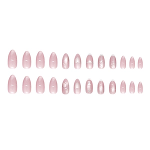 Almond pink cat eye press on nails with white heart and bow designs 24pcs set