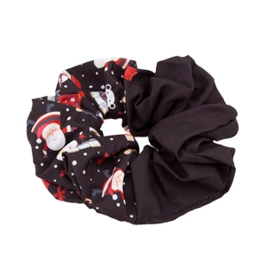 Christmas hair scrunchie with Santa Claus print and black velvet patchwork design