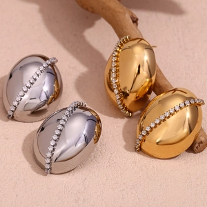 Vintage Stainless Steel Oval Stud Earrings For Women Rhinestone Chain Design Electroplated Gold Silver Fashion Earrings Jewelry