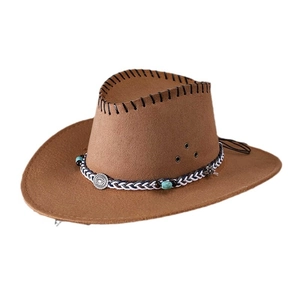 Brown western cowboy hat with turquoise beads and decorative stitching on white background
