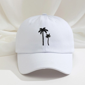 White cotton baseball cap with black palm tree embroidery and adjustable strap for sun protection