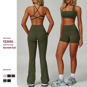 Halter Neck Yoga Bra And Leggings Women High Waist Butt Lifting Workout Activewear Nylon Spandex Quick Dry Flare Pants